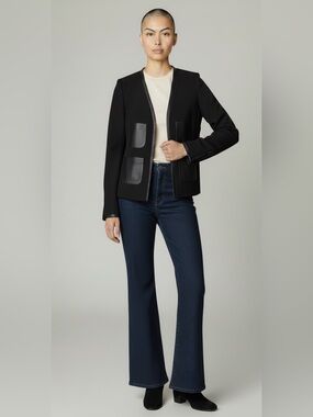 Club Monaco contemporary black long sleeve leather accent blazer jacket size 2